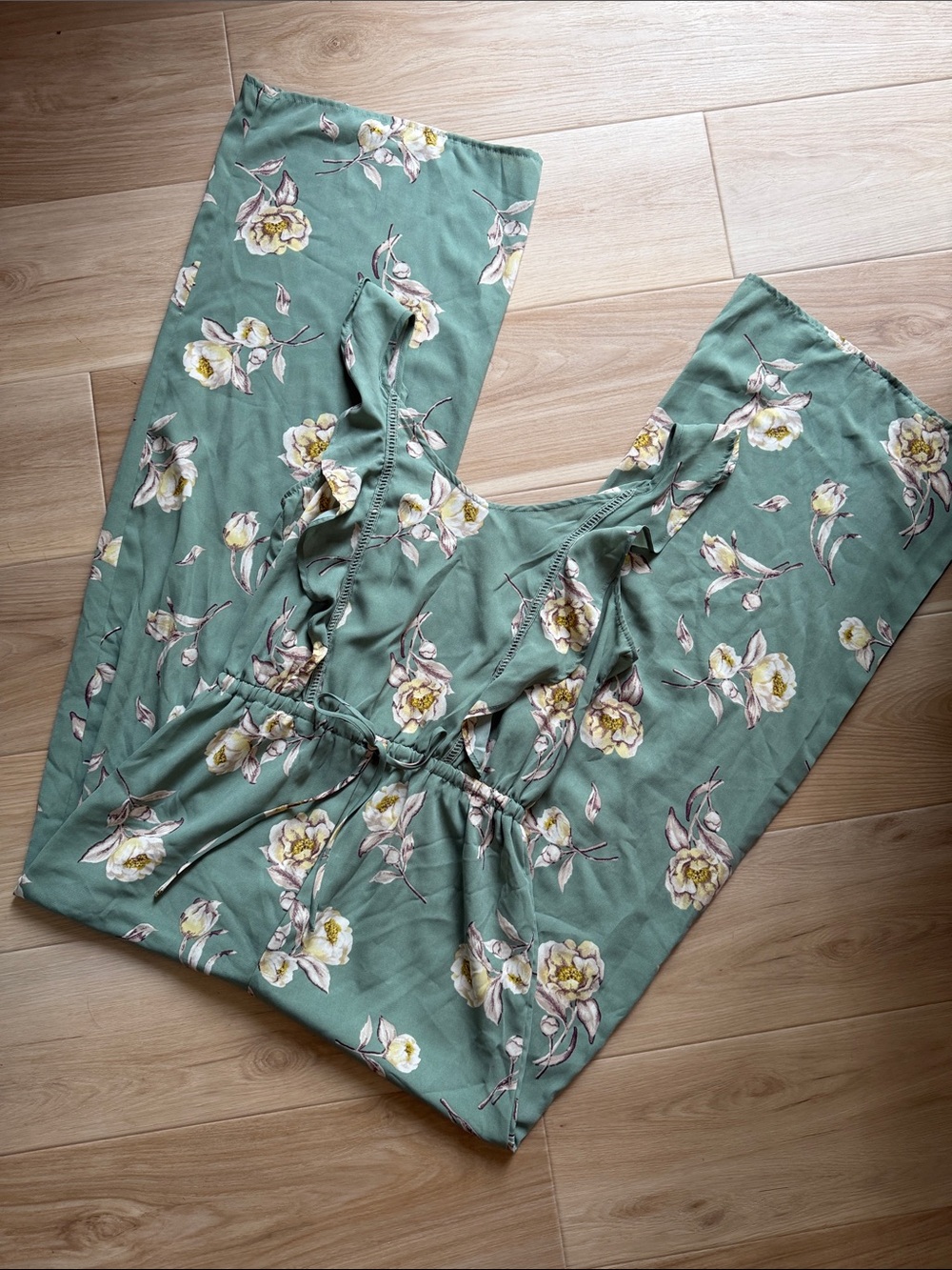 Xhilaration Floral Sage Green Jumpsuit with Ruffle Detail